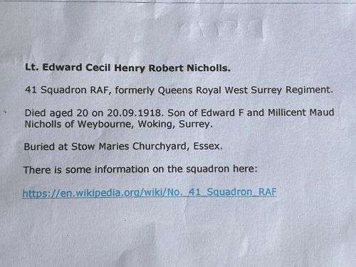 WW1 DEATH PLAQUE LT. EDWARD CECIL HENRY ROBERT NICHOLLS,DIED IN A SOPWITH CAMEL D5978-STOW MAVICS AE
