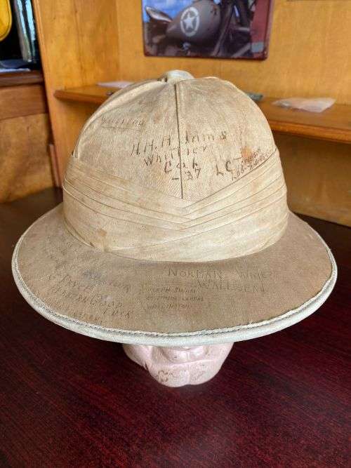 WW2 PITT HELMET WITH A LOT OF SIGNATURES AND MESSAGES (A LOT CAN STILL BE MADE OUT) ON IT-STILL GOOD