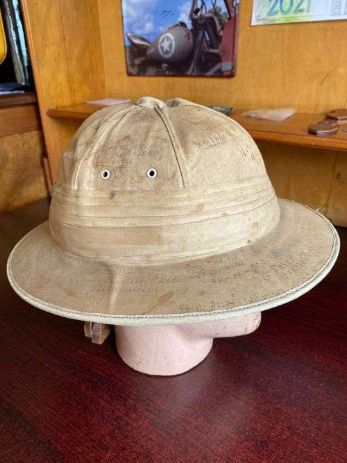 WW2 PITT HELMET WITH A LOT OF SIGNATURES AND MESSAGES (A LOT CAN STILL BE MADE OUT) ON IT-STILL GOOD