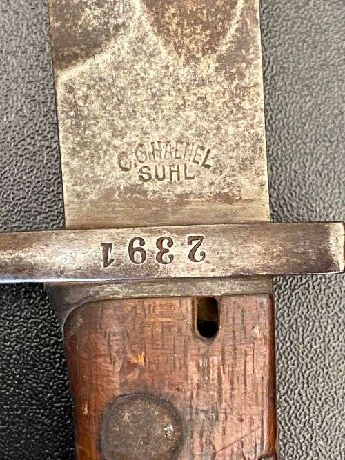 GERMAN S98/05 BAYONET-EXTENDED MUZZLE RING `EARS` AND SAW-BACK BLADE REMOVED-MAKER STAMPED C.G. HAEN