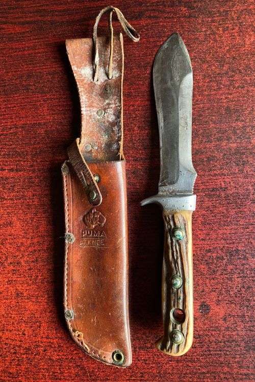 PUMA WHITE HUNTER KNIFE-STAGHORN SHARPENED SECTION ON TOP EDGE AND 1 INCH SERRATED SECTION ON BOTTOM