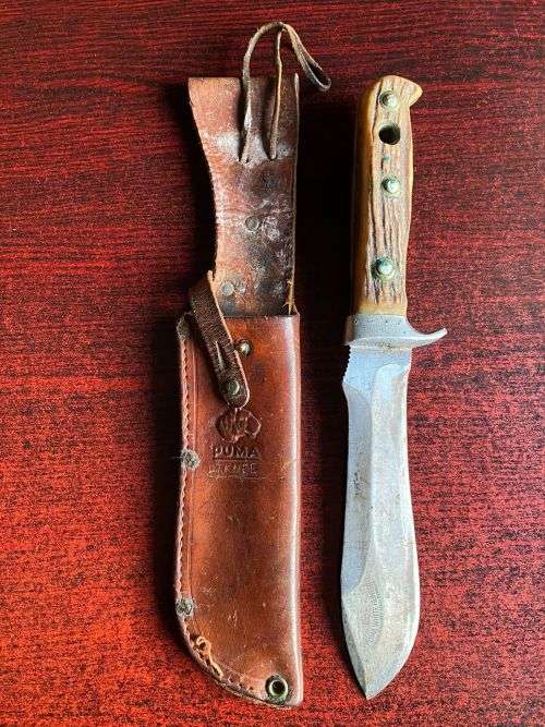 PUMA WHITE HUNTER KNIFE-STAGHORN SHARPENED SECTION ON TOP EDGE AND 1 INCH SERRATED SECTION ON BOTTOM