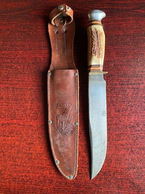 AUTHENTIC GERMAN HUNTING KNIFE,BOWIE SCHNEIDTEUFEL SOLINGEN,WITH STAGHORN HANDLLE-OVERALL LENGTH 295