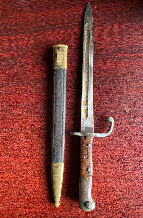 BRAZILIAN 1908 PATTERN BAYONET FOR THE 7MM 1908 RIFLE AND CARBINE BRASS MOUNTED LEATHER SCABBARD-MAK