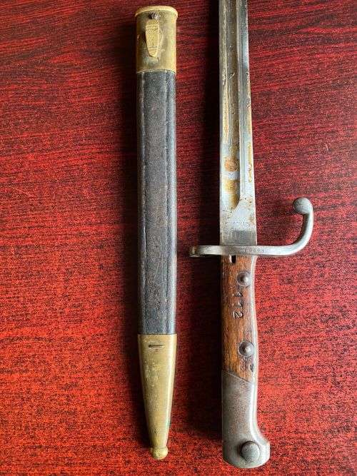 BRAZILIAN 1908 PATTERN BAYONET FOR THE 7MM 1908 RIFLE AND CARBINE BRASS MOUNTED LEATHER SCABBARD-MAK