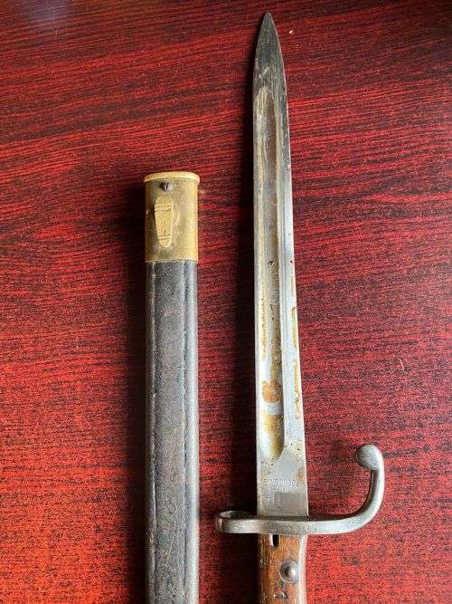 BRAZILIAN 1908 PATTERN BAYONET FOR THE 7MM 1908 RIFLE AND CARBINE BRASS MOUNTED LEATHER SCABBARD-MAK