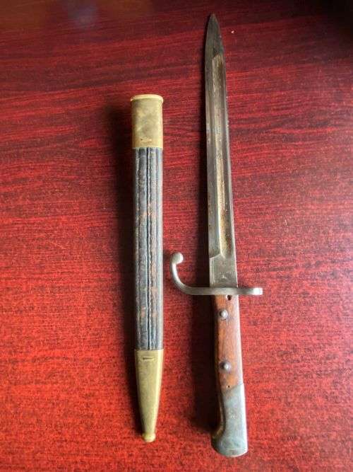 BRAZILIAN 1908 PATTERN BAYONET FOR THE 7MM 1908 RIFLE AND CARBINE BRASS MOUNTED LEATHER SCABBARD-MAK