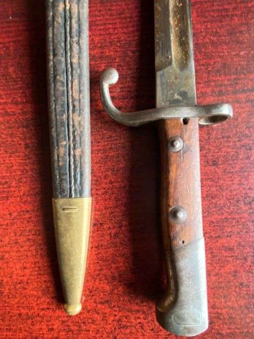 BRAZILIAN 1908 PATTERN BAYONET FOR THE 7MM 1908 RIFLE AND CARBINE BRASS MOUNTED LEATHER SCABBARD-MAK