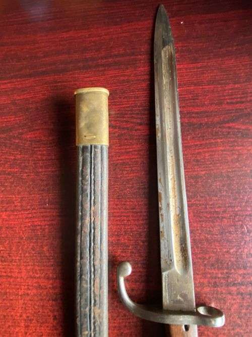 BRAZILIAN 1908 PATTERN BAYONET FOR THE 7MM 1908 RIFLE AND CARBINE BRASS MOUNTED LEATHER SCABBARD-MAK