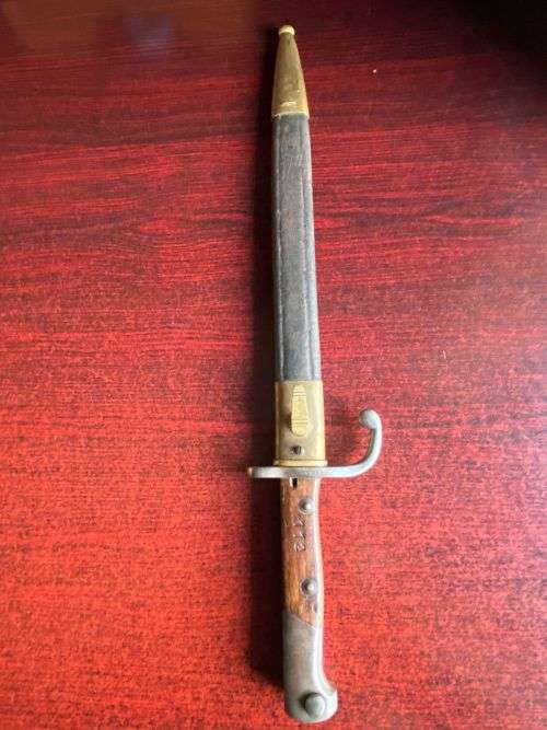 BRAZILIAN 1908 PATTERN BAYONET FOR THE 7MM 1908 RIFLE AND CARBINE BRASS MOUNTED LEATHER SCABBARD-MAK