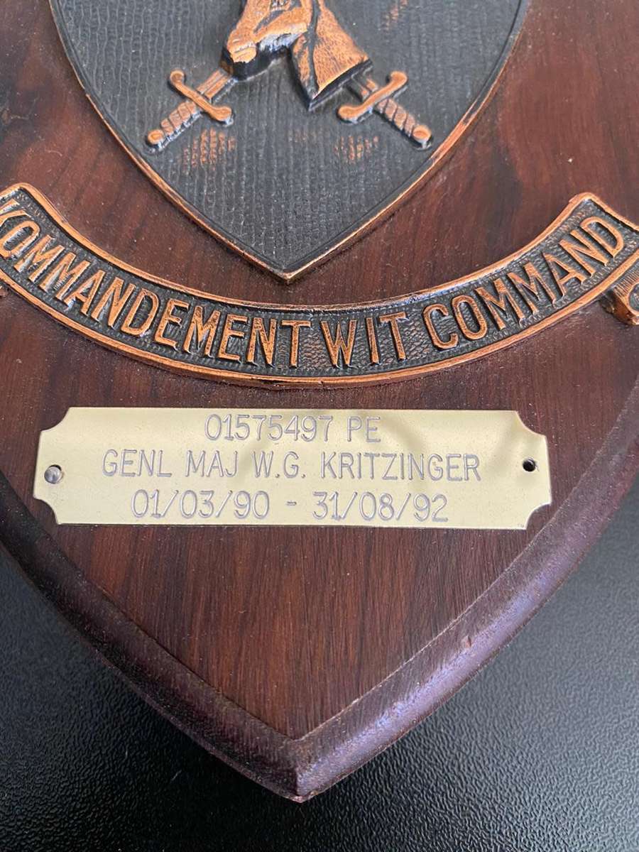 PLAQUE TO GENL. MAJ. W.G. KRITZINGER