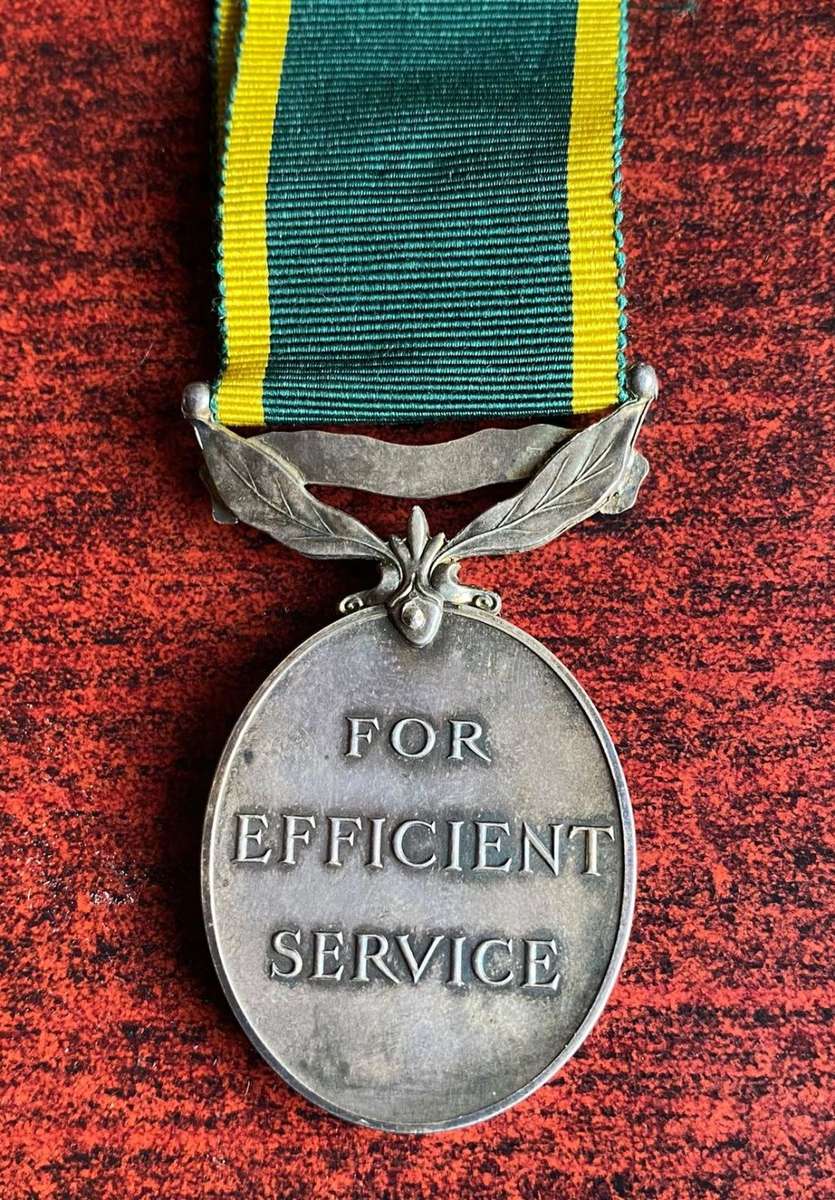 FULL SIZE,SILVER TERRITORIAL EFFICIENCY MEDAL-AWARDED TO 2582778 SJT. F.A.R. MARRIS R. SIGS