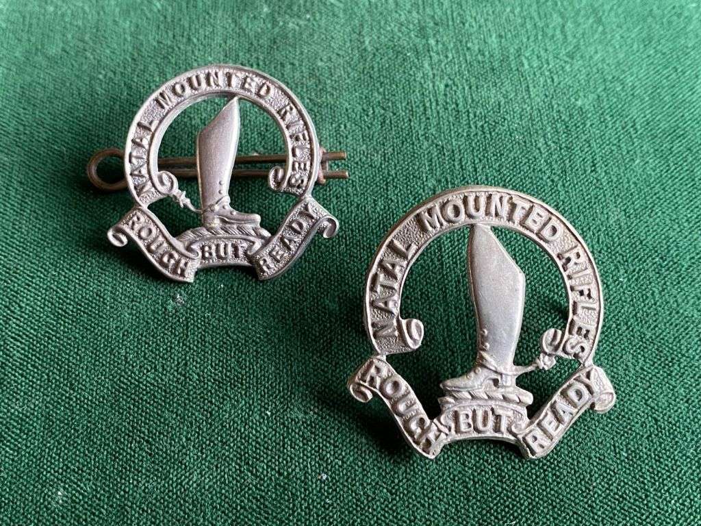 NATAL MOUNTED RIFLES WHITE METAL CAP AND ONE COLLAR-WORN 1914-1935-LUGS INTACT