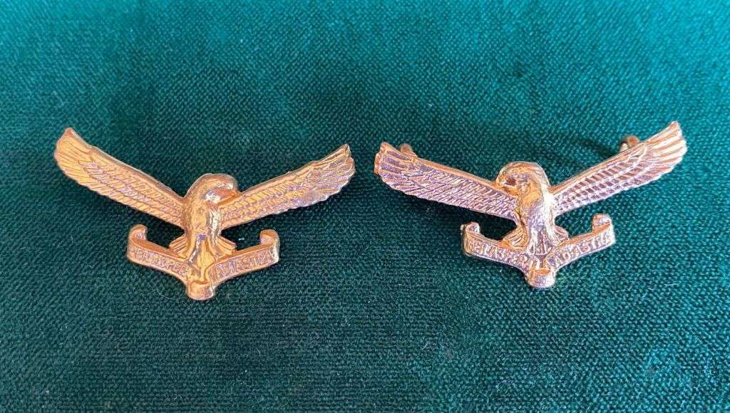 SAAF GILDING METAL COLLAR BADGE PAIR-WORN POST 1959-LUGS + PINS INTACT