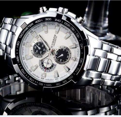Elegant CURREN Military Mens Quartz Wrist Watch With Stainless Steel Strap - Silver & White