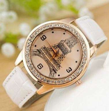 Luxury Leather Paris Eiffel Tower Inprint Crystal Ladies Wrist Watch In White