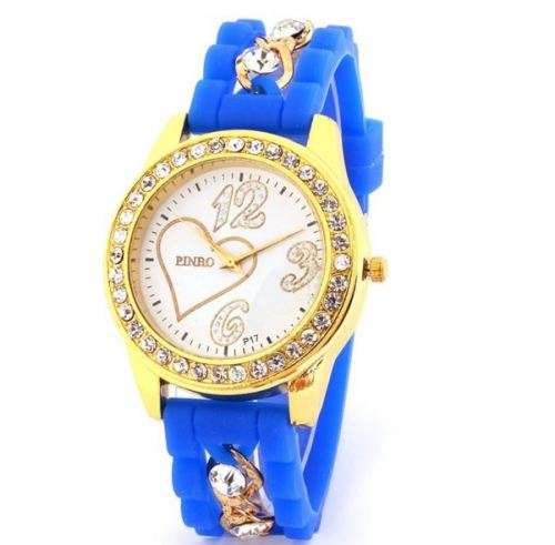 Elegant Ladies Crystal Quartz Heart Design Wrist Watch With Durable Silicone Strap in Blue