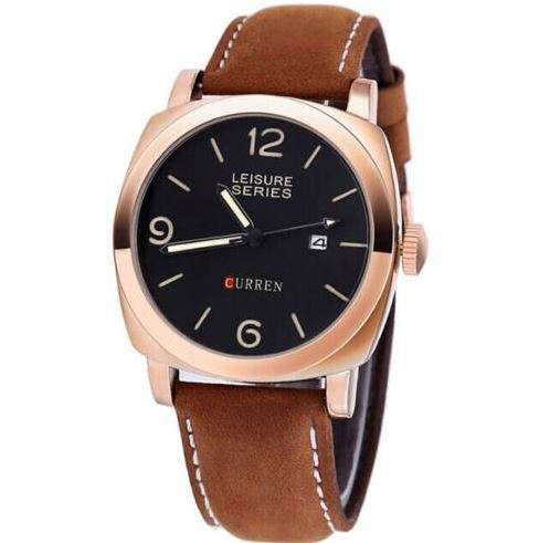 Elegant Auto Date Curren Gold & Brown Leather Wrist Watch - Leisure Series