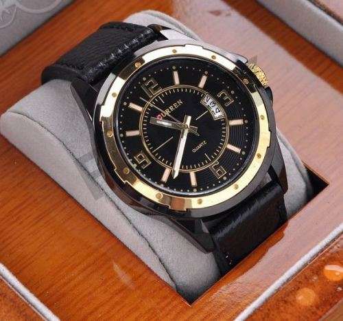 Luxury Business AUTO DATE Curren Quartz Leather Wrist Watch In Black & Gold