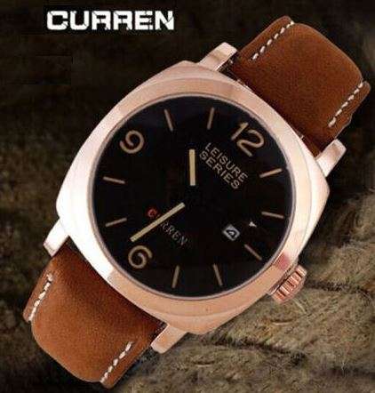 Elegant Auto Date Curren Gold & Brown Leather Wrist Watch - Leisure Series