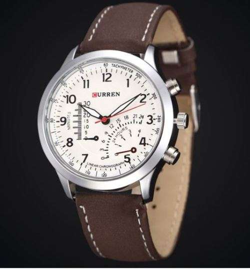Excellent Quality Curren Sport Wrist Watch With Dark Brown Leather Strap & Sapphire Mirror