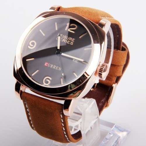 Elegant Auto Date Curren Gold & Brown Leather Wrist Watch - Leisure Series