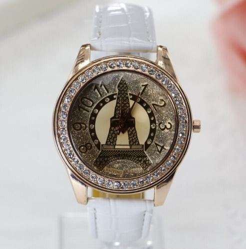 Luxury Rosegold & White Paris Eiffel Tower Rhinestone Ladies Leather Wrist Watch by Relogio Feminino