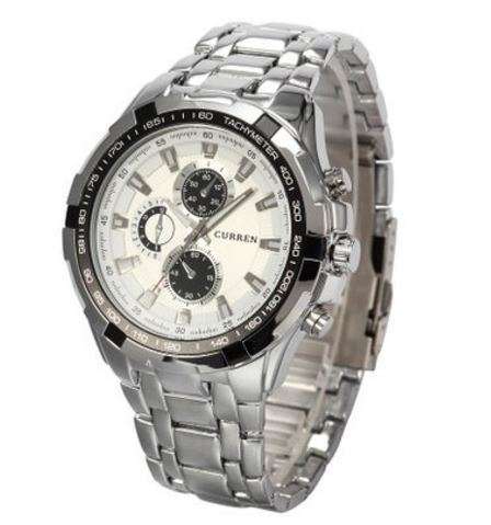 Elegant CURREN Military Mens Quartz Wrist Watch With Stainless Steel Strap - Silver & White