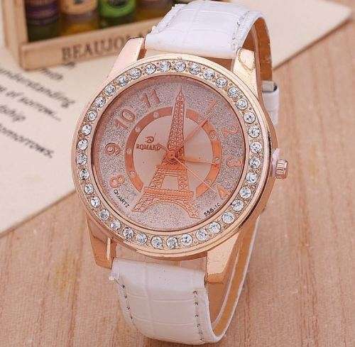 Luxury Rosegold & White Paris Eiffel Tower Rhinestone Ladies Leather Wrist Watch by Relogio Feminino