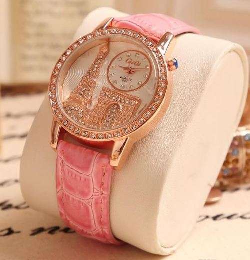Luxury Rosegold Paris Eiffel Tower Rhinestone Ladies Coral Leather Wrist Watch by Relogio Feminino