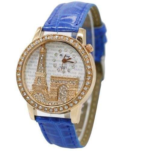Luxury Rosegold Paris Eiffel Tower Rhinestone Ladies Blue Leather Wrist Watch by Relogio Feminino