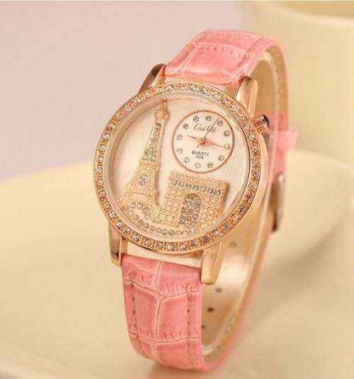 Luxury Rosegold Paris Eiffel Tower Rhinestone Ladies Coral Leather Wrist Watch by Relogio Feminino