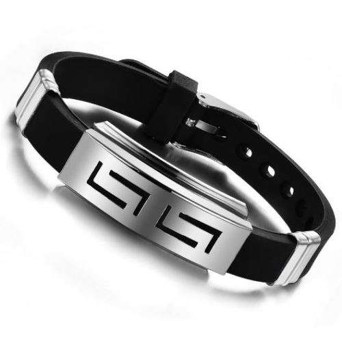 Men's Fashion Black Silicone Bracelet With Stainless Steel Geometric Bezel Setting