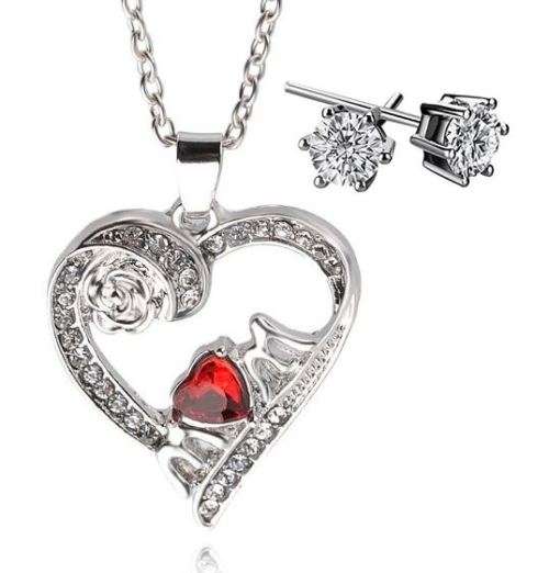 Elegant Silver Plated Jewelry Set With Red Austrian Crystal Mom Heart Pendant