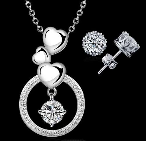 Ladies Fashion 925 Silver Bohemian Cubic Zirconia Tripple Heart Jewelry Set in GIFT BOX