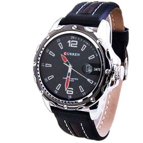 Elegant Auto Date Curren Black & Silver Genuine Leather Waterproof Wrist Watch