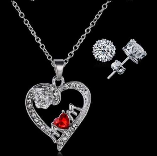 Elegant Silver Plated Jewelry Set With Red Austrian Crystal Mom Heart Pendant in Gift Box