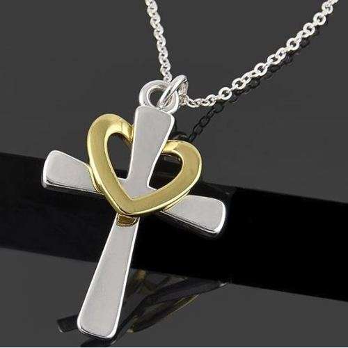 Exquisite 925 Sterling Silver Link Chain Necklace With Cross & Heart Pendant in Gift Box
