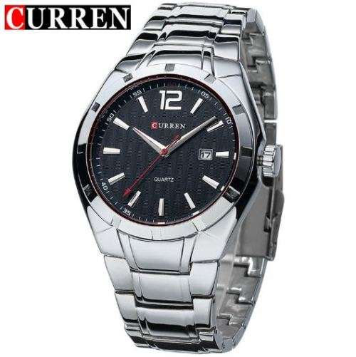 Elegant CURREN AUTO DATE Mens Quartz Wrist Watch With Stainless Steel Strap - Black and Silver