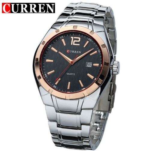 Elegant CURREN AUTO DATE Mens Quartz Wrist Watch With Stainless Steel Strap - Silver, Gold & Black