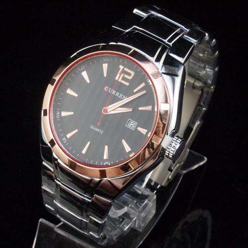 Elegant CURREN AUTO DATE Mens Quartz Wrist Watch With Stainless Steel Strap - Silver, Gold & Black