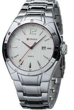 Elegant CURREN AUTO DATE Mens Quartz Wrist Watch With Stainless Steel Strap - Silver & White