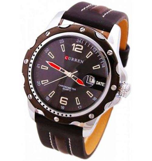 Elegant Auto Date Curren Black & Silver Genuine Leather Waterproof Wrist Watch