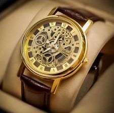 Trendy Men's Stainless Steel & Leather Skeleton Wrist Watch in Gold & Brown - Complimentary Gift Box