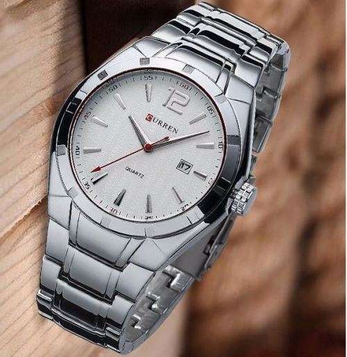 Elegant CURREN AUTO DATE Mens Quartz Wrist Watch With Stainless Steel Strap - Silver & White