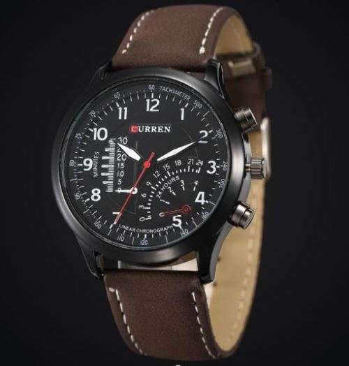 Excellent Quality Curren Sport Wrist Watch With Dark Brown Leather Strap & Sapphire Mirror