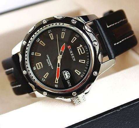 Elegant Auto Date Curren Black & Silver Genuine Leather Waterproof Wrist Watch