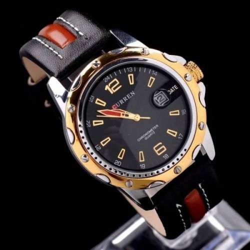 Elegant AUTO DATE CURREN Genuine Leather Waterproof Wrist Watch - BLACK / GOLD