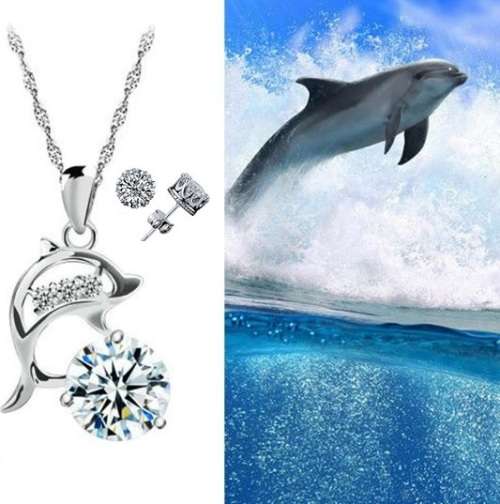 Elegant 925 Silver Cubic Zirconia Dolphin Pendant Jewelry Set in GIFT BOX
