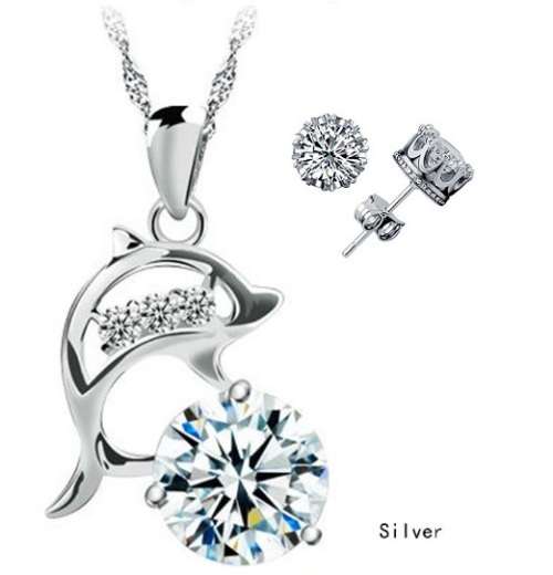Elegant 925 Silver Cubic Zirconia Dolphin Pendant Jewelry Set in GIFT BOX